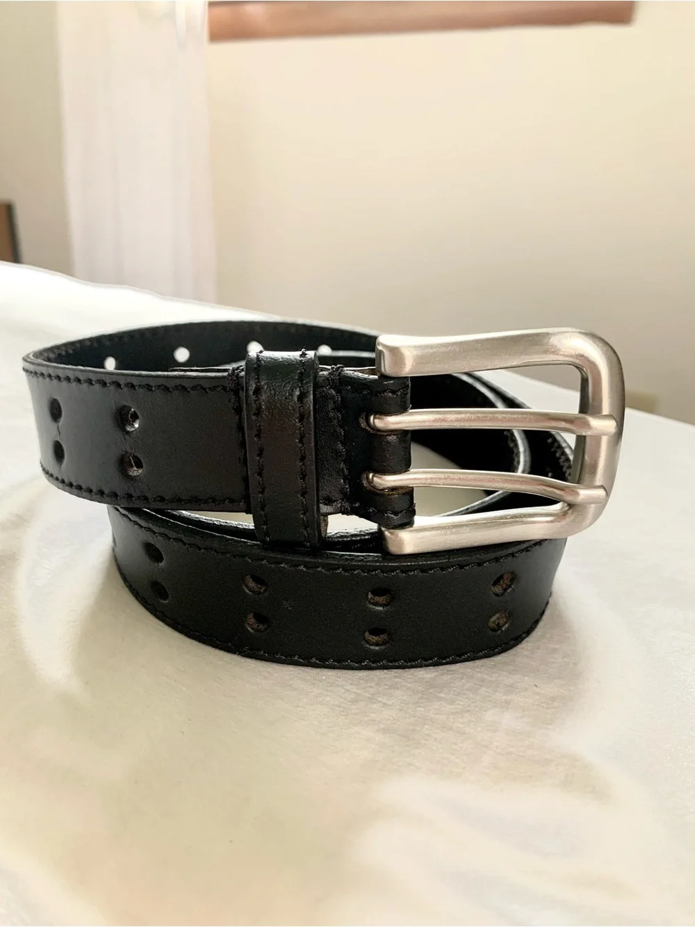 Double Prong Black Real Leather Belt. 36”